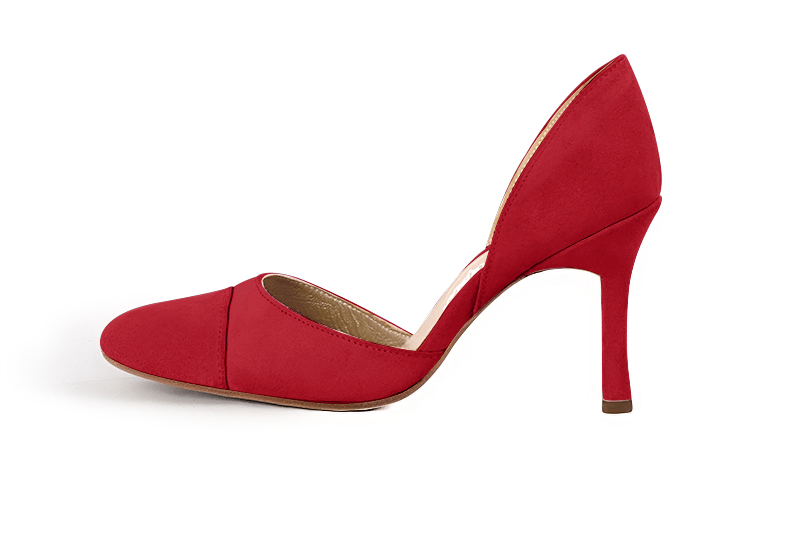 Cardinal red women's open arch dress pumps. Round toe. Very high slim heel. Profile view - Florence KOOIJMAN